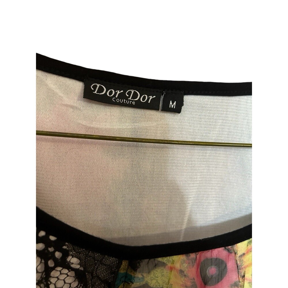 Dor Dor Couture Top Womens Medium Black Floral Mesh Sheer Boho Artsy Retro Tunic - Picture 5 of 5